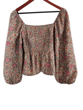 Blu Pepper Boho Paisley Smocked Top Puff Sleeve Peplum Small